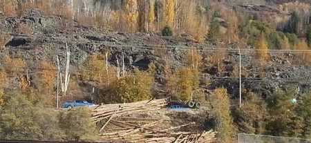 Logging truck loses its load on Hwy 3 in Trail