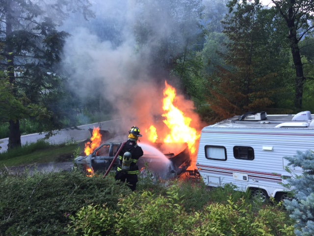 Nelson Fire crews keep truck fire from spreading to forests on Bealby Road
