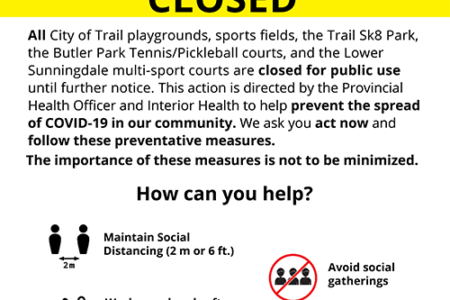 Trail Playgrounds, Sports Fields, Courts, SK8 Park Closed