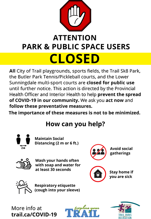 Trail Playgrounds, Sports Fields, Courts, SK8 Park Closed