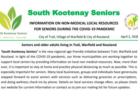 Trail/Warfield/Rossland create South Kootenay Seniors initiative to guide residents to services through pandemic