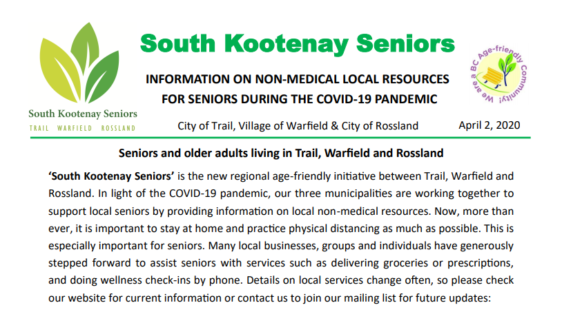 Trail/Warfield/Rossland create South Kootenay Seniors initiative to guide residents to services through pandemic